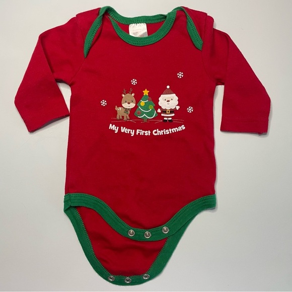 0-3 Month Red and Green My Very First Christmas Onesie Long Sleeve PRELOVED - Picture 2 of 6